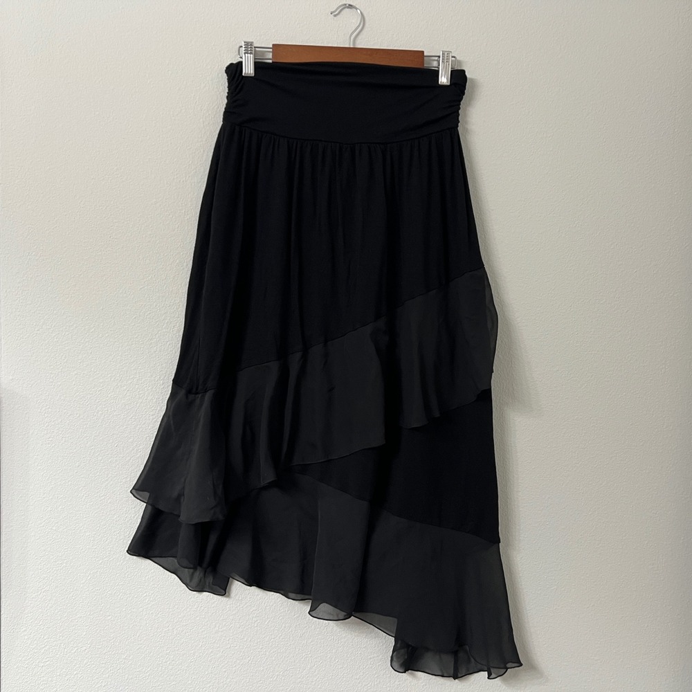 I.N. Studio Womens 1X Black Maxi Skirt Asymmetrical Tiered Ruffle High Low Y2K